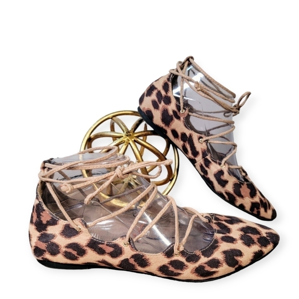 Old Navy Lace Up Ankle Wrap Leopard Print Pointed Toe Flats Size 7